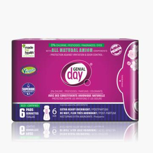 Genial Day Eco-certified Extra Heavy Overnight/Postpartum Pads with Anion Strip